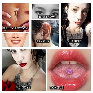 Detailed montage showing various body piercing jewelry including belly, nose, and tongue rings