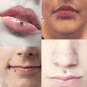 Vari stili di set per finti piercing con borchie per labbra e naso indossate sul viso