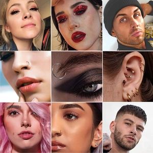 Close-up collage showing various stainless steel nose rings and body piercing styles