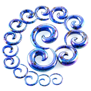 Spiral acrylic ear tapers with blue-purple mottled texture in various sizes