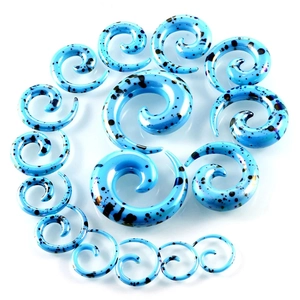 Blue spotted acrylic spiral ear tapers set arranged in a professional gradient circle
