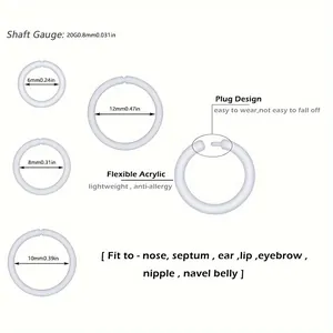 Set di 4 anelli per piercing in acrilico flessibile in varie misure con chiusura