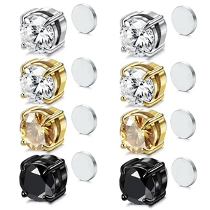 Lot de 4 paires de boucles d'oreilles magnétiques en acier avec zircons ronds