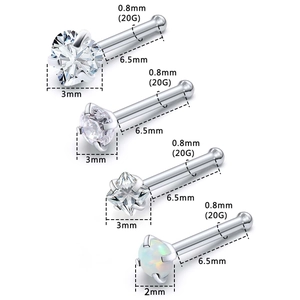 Lot de 4 piercings de nez en acier avec zircone cœur, carré, rond et pierre opale