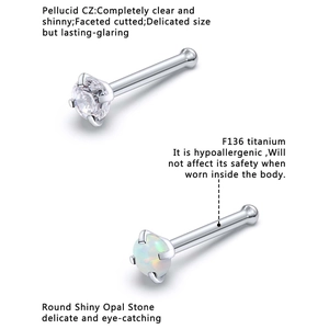 Lot de 4 piercings de nez en titane F136 avec zircon et opale, bijoux hypoallergéniques