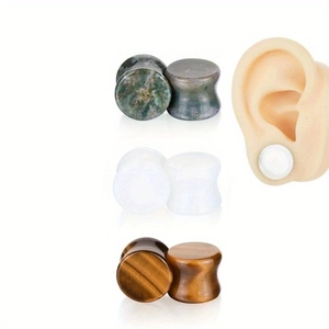 Pair Natural Stone Double Flare Ear Plugs Tunnels Saddle Plugs Opal Tiger Eye Stone Body Piercing Jewelry For Unisex
