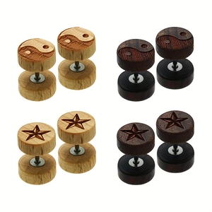 Unisex Wood Barbell Stud Earrings Yin Yang Tai Chi Pentagram Star Pattern Round Wooden Ear Plugs Ethnic Vintage Piercing Jewelry