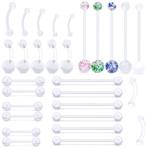 Transparent Acrylic Body Piercing Jewelry Assortment For Women Men Belly Ring Tongue Stud Eyebrow Ring Ear Cartilage Industrial Barbell Simple Clear Plastic Piercing Collection