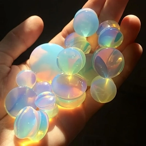 Iridescent opal glass ear plugs in double flared design with vibrant rainbow shimmer