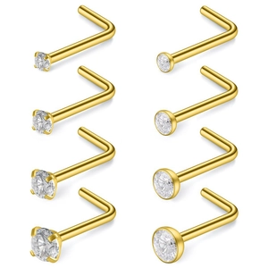 Lot de 8 piercings de nez en L dorés en acier inoxydable avec oxydes de zirconium sertis