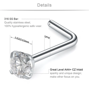 Lot de 8 piercings de nez en acier inoxydable 316L en forme de L avec zircons AAA+ clairs