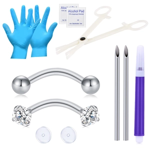 Kit Professionale per Piercing Sopracciglia in Acciaio Inossidabile Con Borchie in Zirconia Aghi Pinze Guanti Gioielli Corpo
