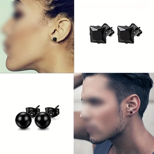 Black stainless steel stud earring set featuring square zircon and round ball designs
