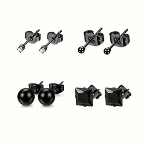 Set of 4 pairs of black stainless steel stud earrings with round and square cubic zirconia
