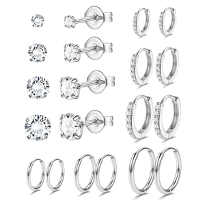316L Surgical Stainless Steel Earring Set Solitaire Cubic Zirconia Stud Earrings And Round Hoop Earrings For Unisex Body Jewelry
