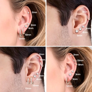 10 pairs of stainless steel stud earrings and hoops set with CZ stones 2mm-12mm