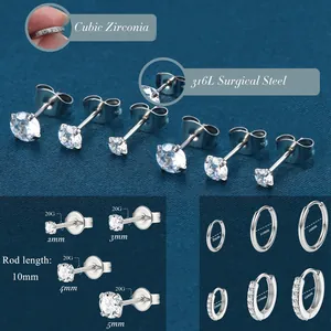 10-pair 316L surgical steel earrings set with cubic zirconia in various sizes and styles