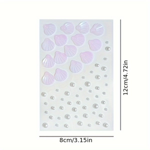 Autocollants coquillages irisés et perles blanches sur feuille de 8x12cm