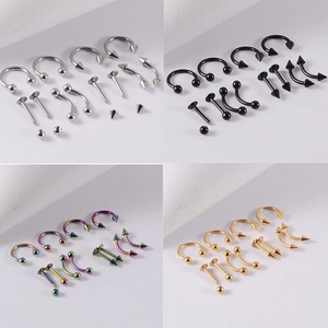 Set di 12 gioielli per piercing in acciaio inossidabile color argento, nero, oro e rainbow