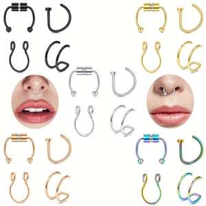 Stainless Steel Magnetic Nose Rings Horseshoe D Ring U Ring Double Ring Faux Nose Clips Piercing Jewelry For Women Men Non Piercing Clip On Nose Hoop