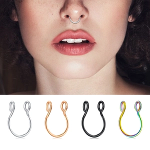 Set of 4 U-shaped stainless steel magnetic septum rings in silver, rose gold, black, and rainbow