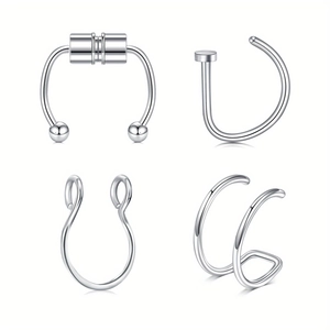 Set of 4 stainless steel magnetic nose rings and hoops with a polished silver finish