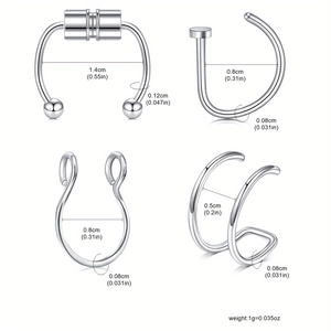 Set of 4 stainless steel nose rings with magnetic and non-piercing designs in silver finish