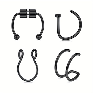 Set of 4 black stainless steel magnetic nose rings and hoops in various industrial designs