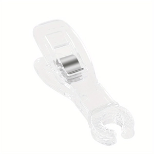 Macro view of clear plastic sewing clip with strong metal spring and non-slip grip detail