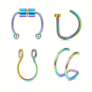 Detail view of 4-piece rainbow stainless steel magnetic nose ring and non-piercing set