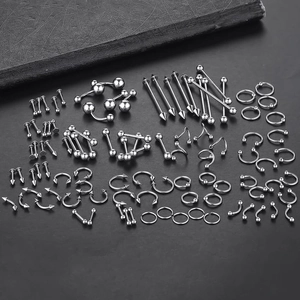 100pcs silver stainless steel piercing set with studs rings and horseshoe bars on black