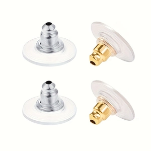 Macro shot of 4-piece disc earring backs in gold and silver steel with clear silicone pads