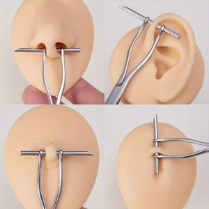 Stainless steel body piercing tools shown in use on nose, ear, breast, and navel models