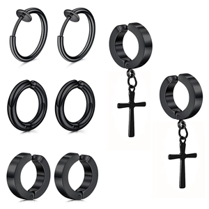 Multi Style Non-pierced Ear Clips Set Stainless Steel Black Cross Pendant Hoop Earrings For Men Women Cool Street Jewelry