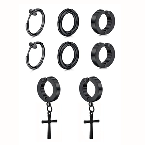 Set of 4 pairs of black stainless steel earrings with cross pendants and hoop clips