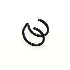Detail of double-layered glossy black stainless steel clip-on hoop earrings for non-pierced ears