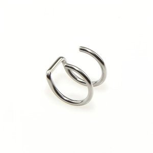 Minimalist silver dual-ring ear cuff and lip ring clip made of polished stainless steel