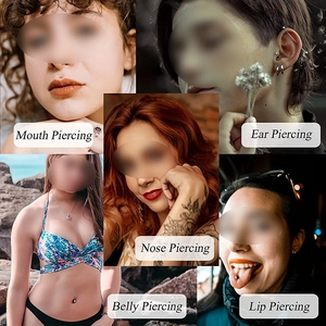 Guida visiva che mostra cinque stili di piercing per orecchie, naso, labbra e ombelico