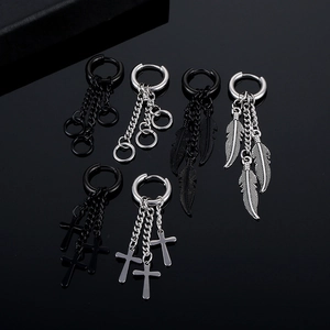 Punk Stainless Steel Tassel Chain Hoop Earrings With Feather Cross Pendants Hip Hop Surgical Steel Long Dangle Earrings Unisex