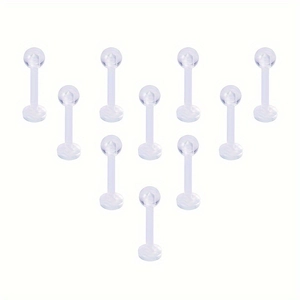 Set of 10 clear acrylic labret studs with flat backs and flexible bars for body piercing