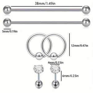 Set de 3 pares de piercings de acero inoxidable, barras industriales y aros con circonitas