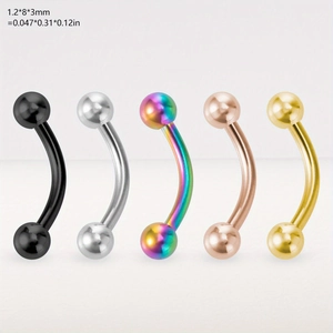 Detailed view of 5-piece curved barbell piercing set showing five colors and size 1.2x8x3mm