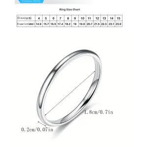 Detailed size chart for 2mm stainless steel rings showing diameter and US ring sizes