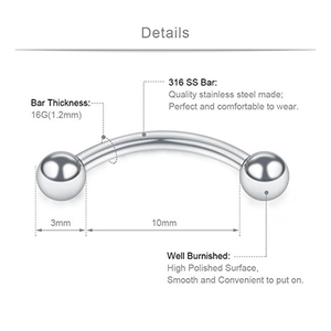 5-piece 16G 316 stainless steel curved barbell eyebrow rings with high polished surface
