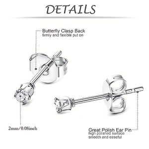 Lot de boucles d'oreilles en acier inoxydable avec zircone ronde 2mm et serti 4 griffes
