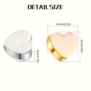 Gold and silver heart-shaped silicone earring backs with precise size measurements