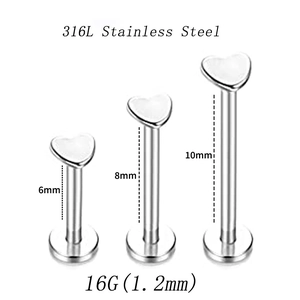 316L roestvrijstalen hart lipstud set in 6mm 8mm 10mm lengtes en 16G dikte maat