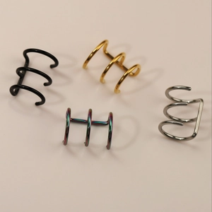 Detail view of non-pierced triple line ear cuffs in black gold silver and rainbow steel