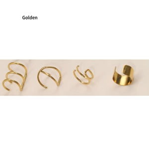 Detailed set of four golden stainless steel non-piercing ear cuffs with various line designs