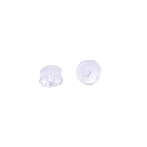 Transparent silicone burger-shaped earring backings for stud fixation on white background